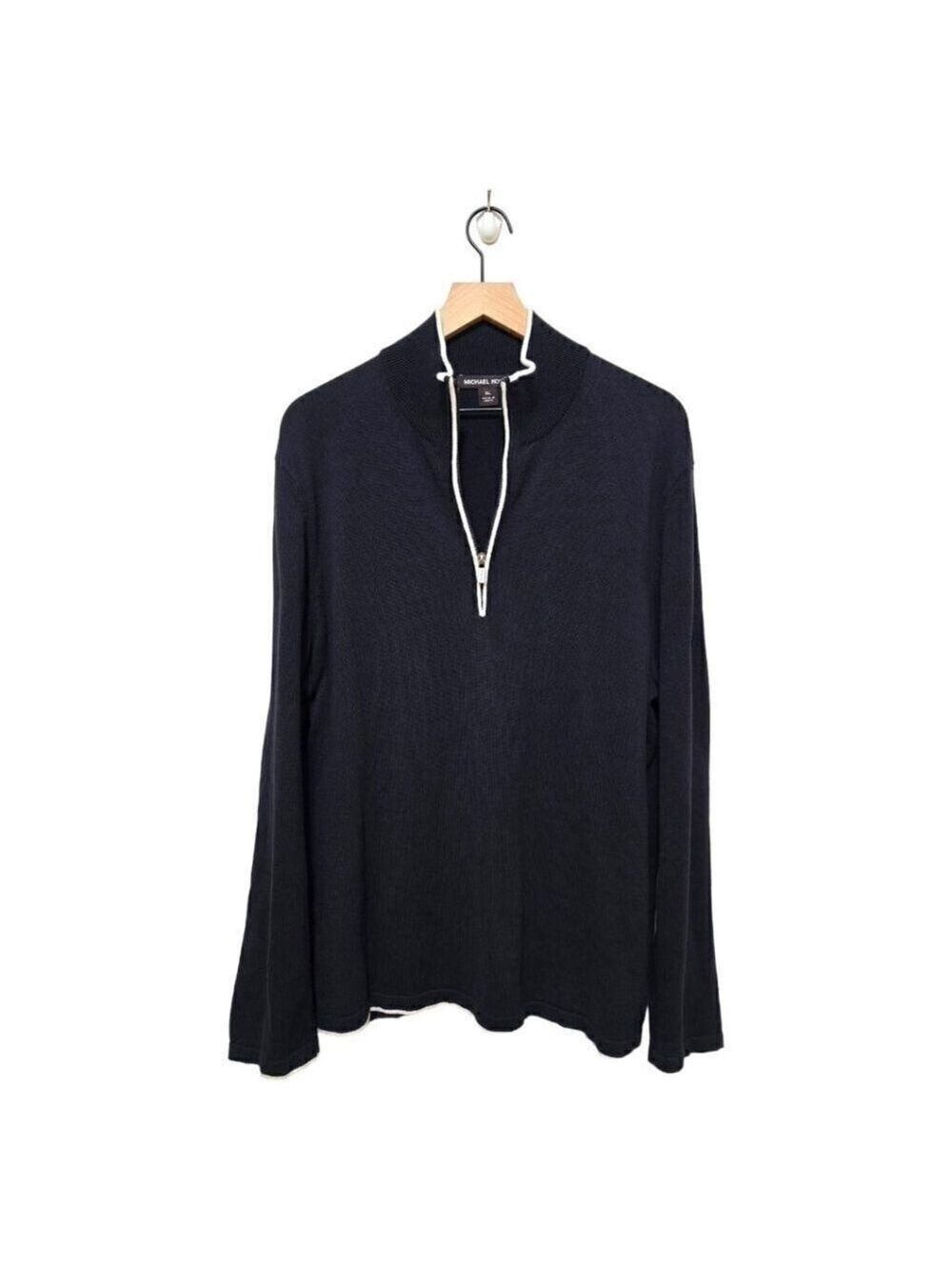 Michael Kors Navy & White Cotton Long Sleeve Quarter Zip Sweater Sz XL